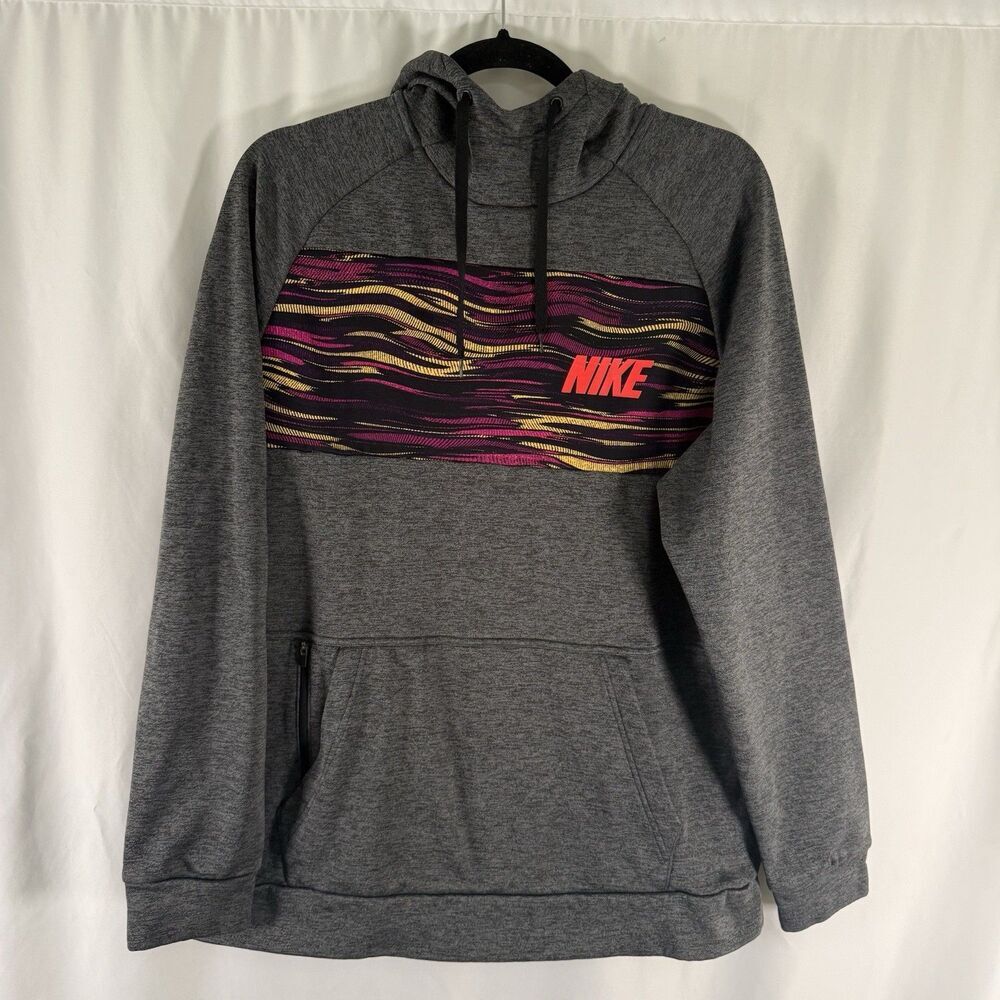 Nike Hoodie Women's Medium Grey Striped Drawstring Zip Pocket Pullover